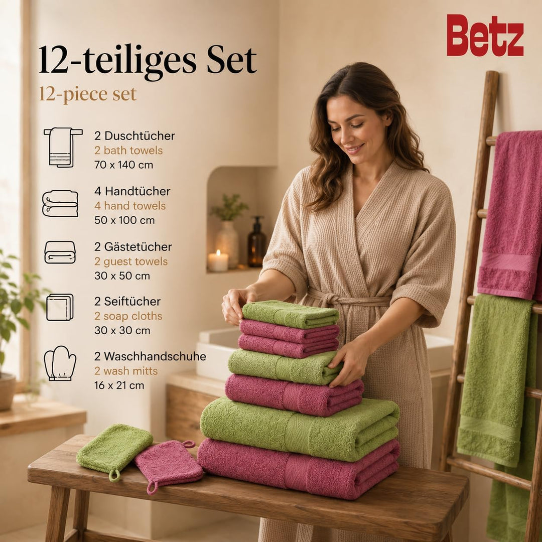 Betz 12-TLG. Handtuch Set Premium 100% Baumwolle 2 Duschtücher 4 Handtücher 2 Gästetücher 2 Seiftüch