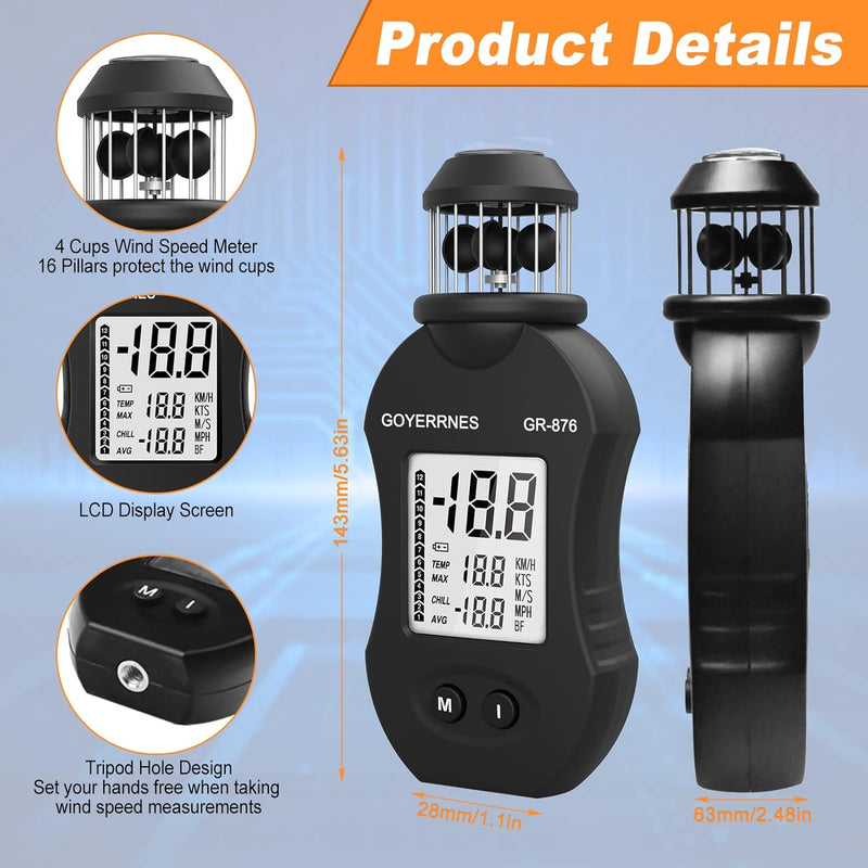 Windmesser Digitales Anemometer GR-876 Handwindmessgerät 0.7~42m/s Taschenanemometer Luftgeschwindig