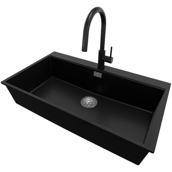 PRIMAGRAN Granitspüle Schwarz 88x50cm, Spülbecken 1 Becken + Ablauf-Set + Küchenarmatur 40x22cm, Küc