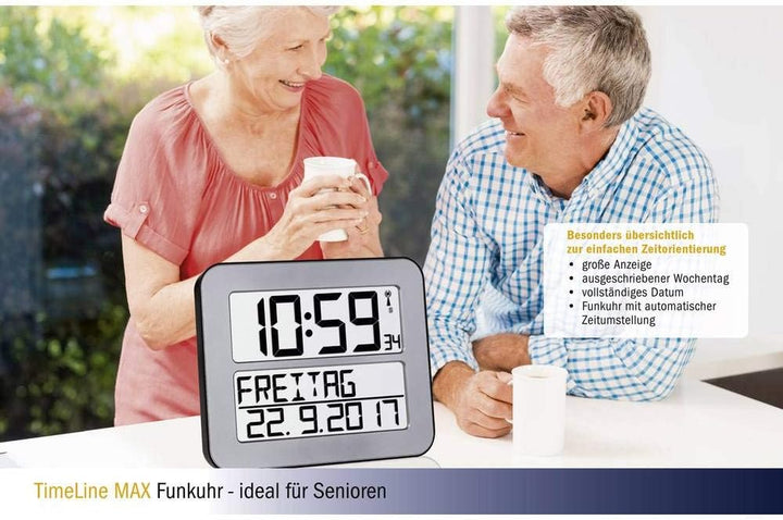 TFA Dostmann TimeLine Max Funk-Wanduhr, 60.4512.54, digital, übersichtliche Funkuhr, Seniorenuhr, De