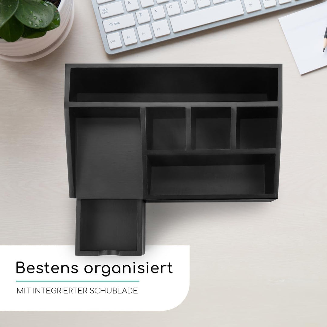 Schreibtisch Organizer aus Bambus Holz mit Schublade schwarz - Ordnungssystem Büro Stiftehalter, Sti