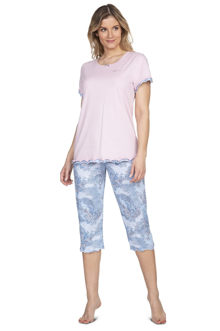 e.FEMME Damen Schlafanzug Marion 310, Kurzarm, aus 50% Baumwolle und 50% Modal 36 Altrosa/Druck, 36