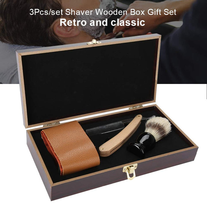 Rasiermesser Set, 3-Teilig – Handrasierer–Rasierpinsel – Rasierspitzer Gürtel – Geschenkbox Aus Holz