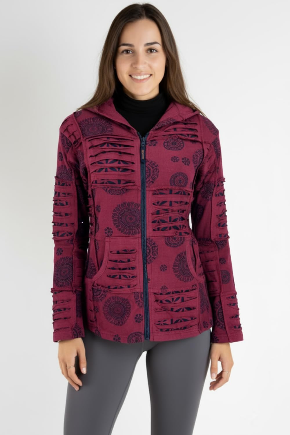 GURU SHOP Goa Patchwork Jacke, Kapuzenjacke, Damen, Baumwolle 40 bordeaux, 40 bordeaux