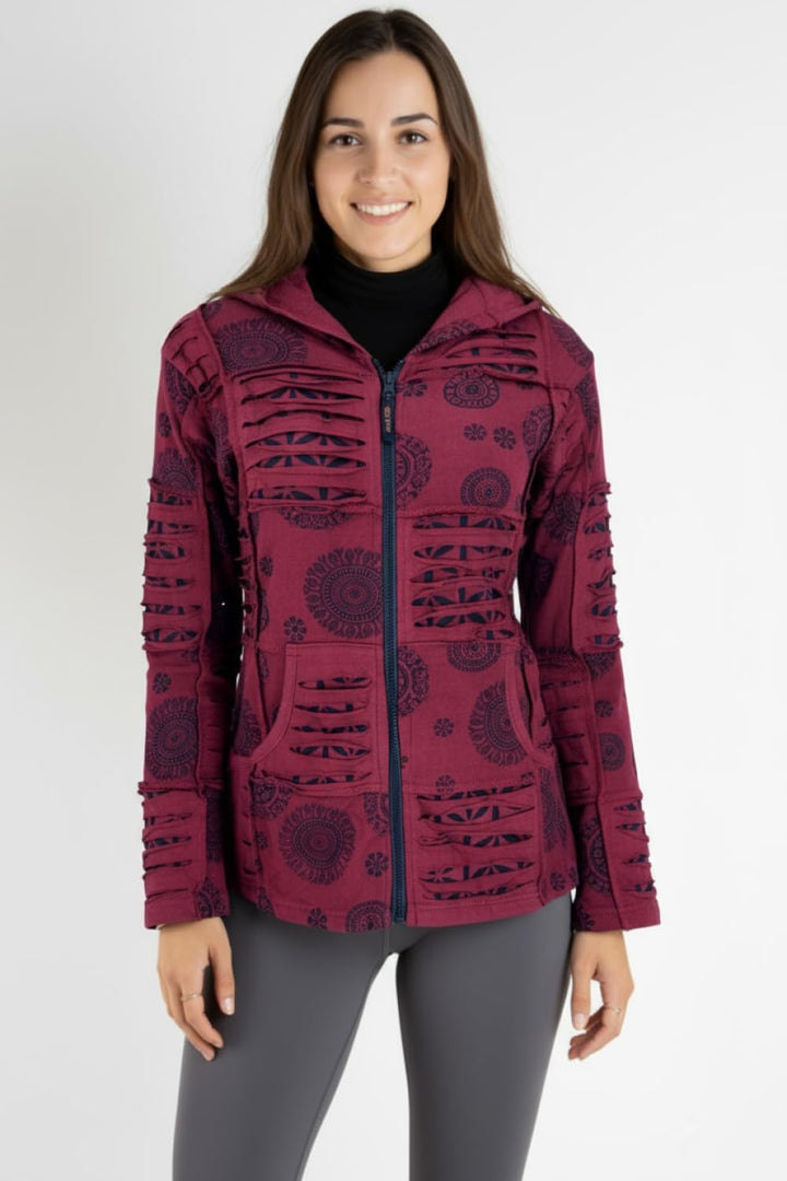GURU SHOP Goa Patchwork Jacke, Kapuzenjacke, Damen, Baumwolle 40 bordeaux, 40 bordeaux