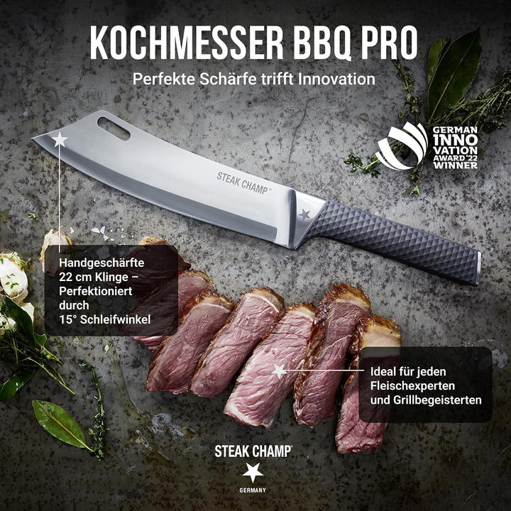 STEAK CHAMP BBQ Pro Kochmesser 22cm, Klinge aus hochwertiger Stahllegierung X50CrMoV15 (Klingenstahl