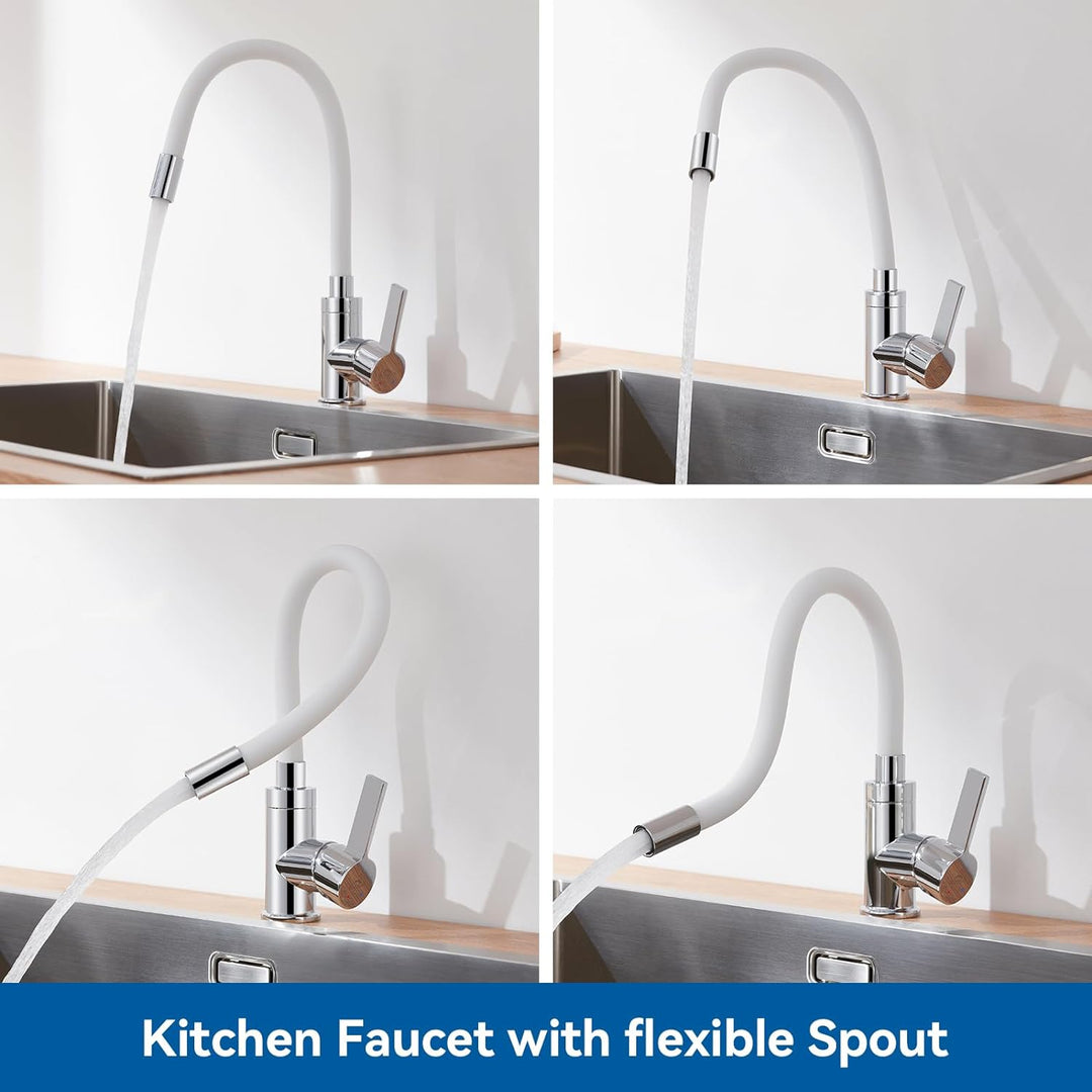 Auralum Flexibler Wasserhahn Küche, Küchenarmatur Weiss mit Flexibler Auslauf, Hochdruck Spültischar