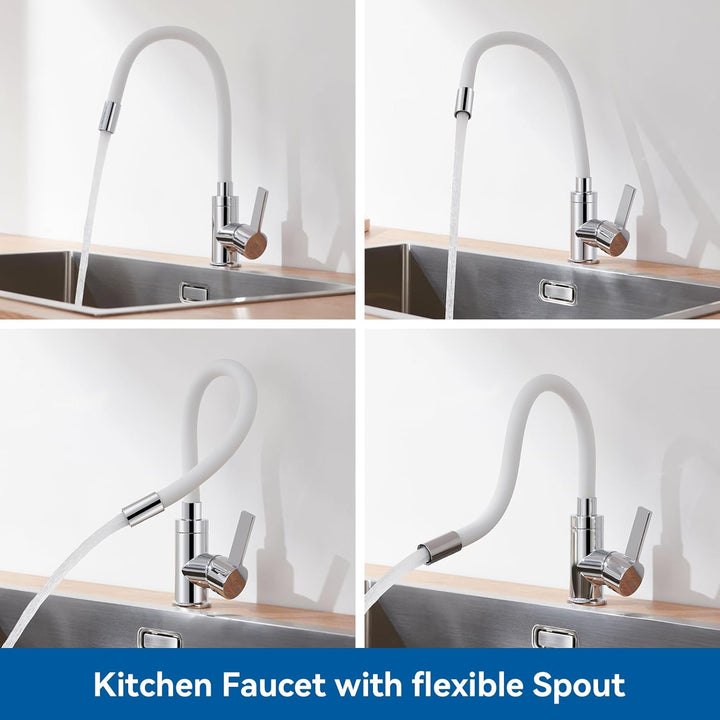 Auralum Flexibler Wasserhahn Küche, Küchenarmatur Weiss mit Flexibler Auslauf, Hochdruck Spültischar