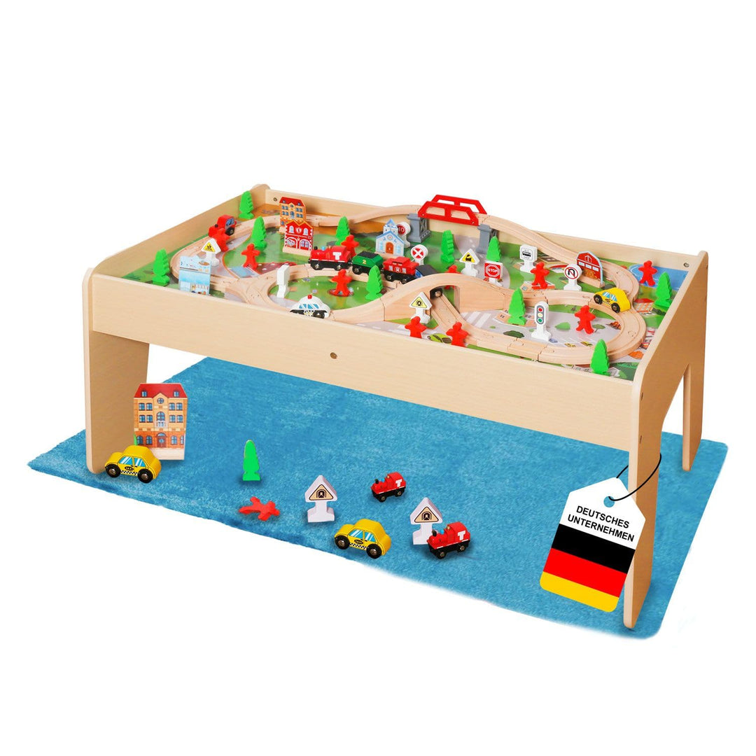 Spieltisch Natur inkl. Set 90-TLG. Holzeisenbahn, Motorikspielzeug - mit umkehrbarer, Abnehmbarer Ti