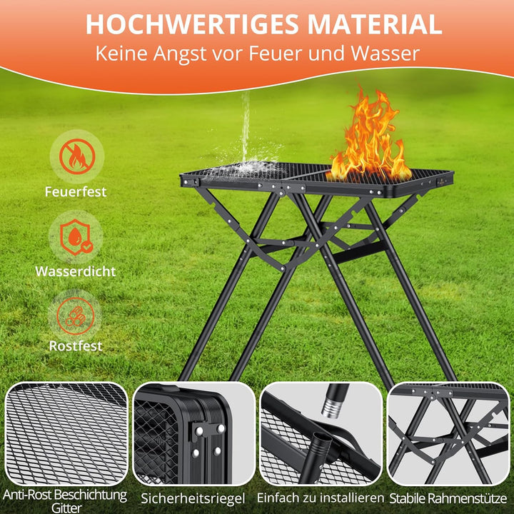 FUNYKICH Tragbarer Grilltisch 60 x 40cm,X form Campingtisch Outdoor Klappbar mit 3 Höhenverstellbar(