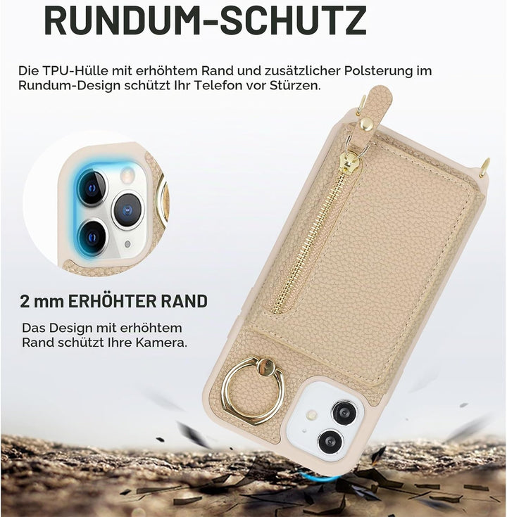 ELTEKER Handyhülle für iPhone 12 Mini Hülle mit Band Kartenfach Handykette Ringhalterung Geldbörse,L