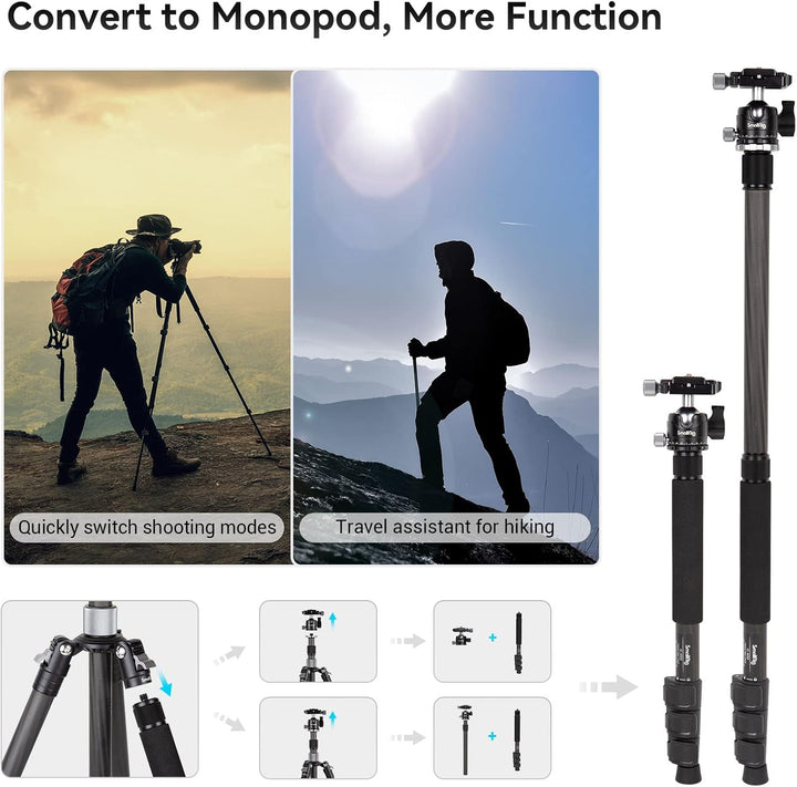 SMALLRIG Karbonfaser-Stativ mit Mittelsäule, Carbon Fiber Tripod abnehmbarem Einbeinstativ, 360°-Kug