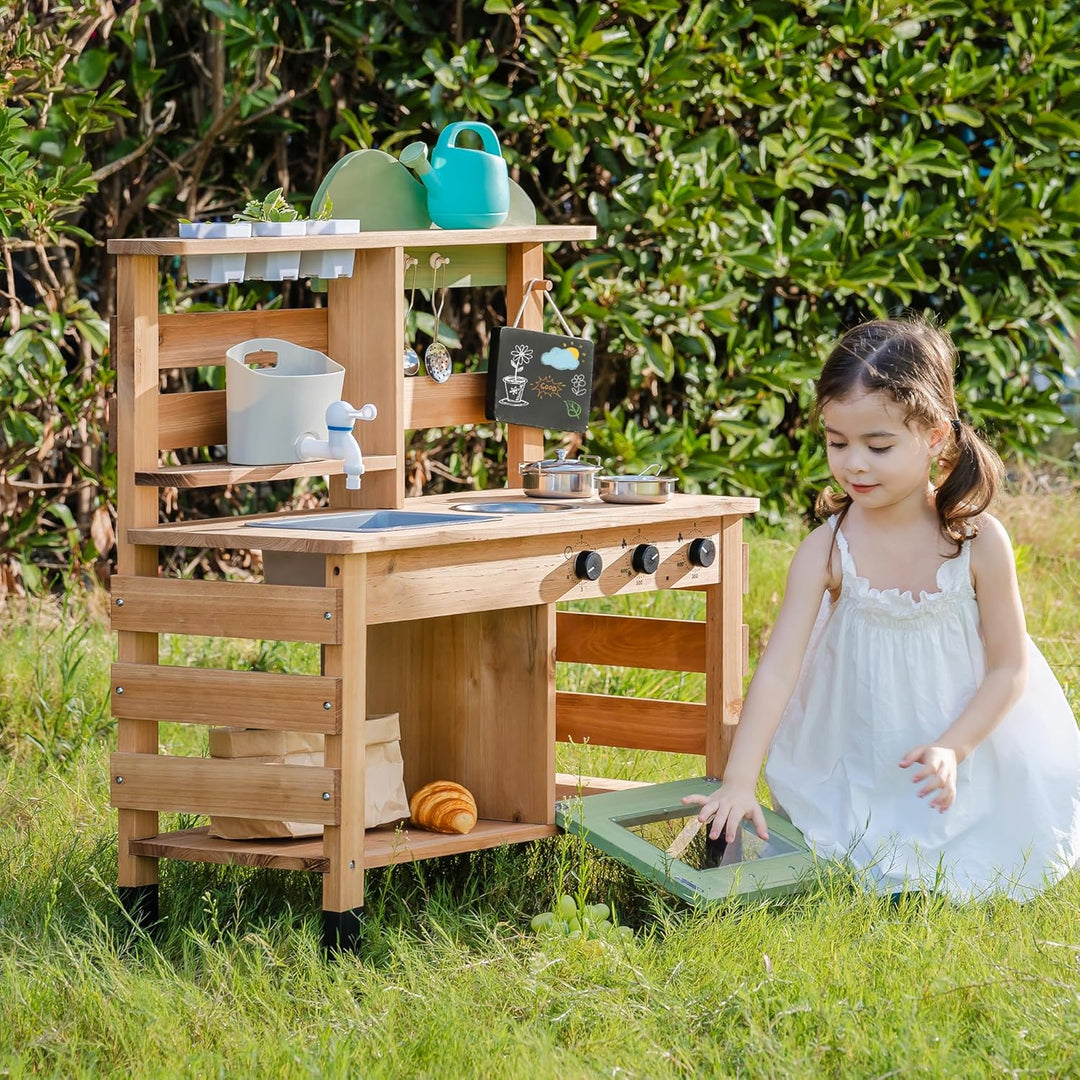 ROBUD Matschküche Kinder Outdoor, Spielküche Holz mit Echtem Wasserhahn, Wasserkocher, Pflanzgefäss,