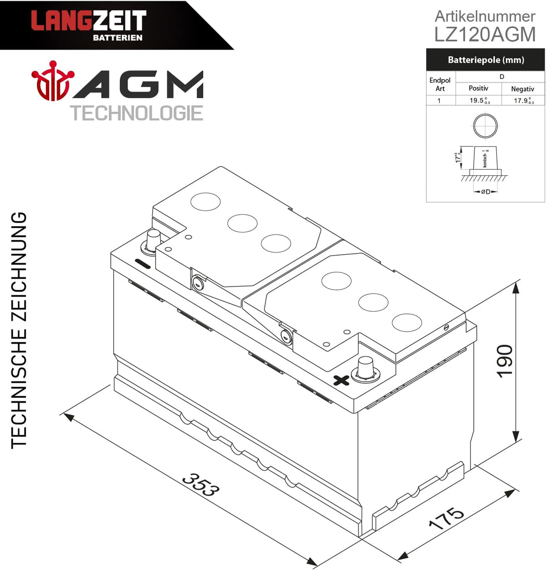 LANGZEIT 12V 120AH AGM Batterie Solarbatterie Wohnmobil Boot Solar Versorgungsbatterie 100Ah