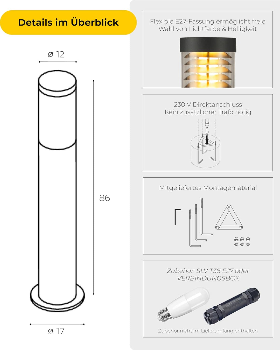 SLV Aussenleuchte F-POL | Design Aussen-Standleuchte, stilvolle Aussenbeleuchtung | Outdoor LED Wege