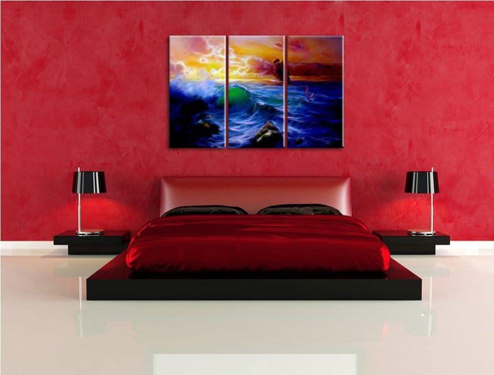 Dark Sturm über dem Meer Kunst Spezial 3-Teiler Leinwandbild 120x80 Bild auf Leinwand, XXL riesige B