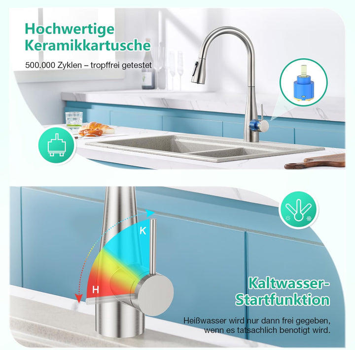 CREA 3 Wege Küchenarmatur mit Brause ausziehbar, Trinkwasserhahn Wasserhahn Armatur Küche, Mischbatt