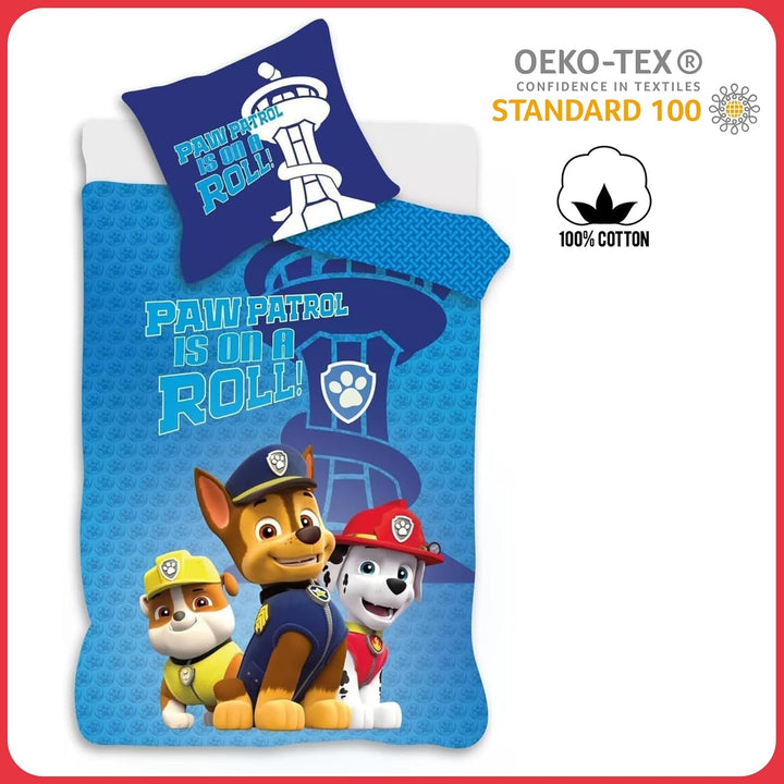 Paw Patrol Blaues Kinderbett-Bettwäsche-Set | Bettbezug 100x140 cm + Kopfkissenbezug 40x45 cm | 100%