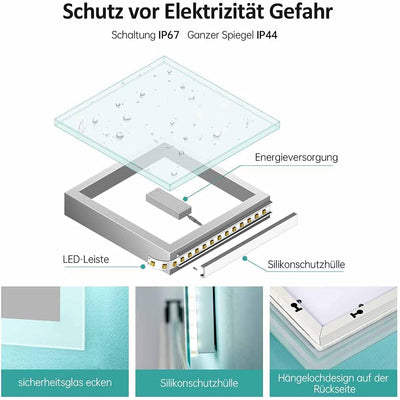 EMKE Badspiegel mit Beleuchtung 50x70cm Badezimmerspiegel mit Touch, 3 Lichtfarbe dimmbar, Antibesch