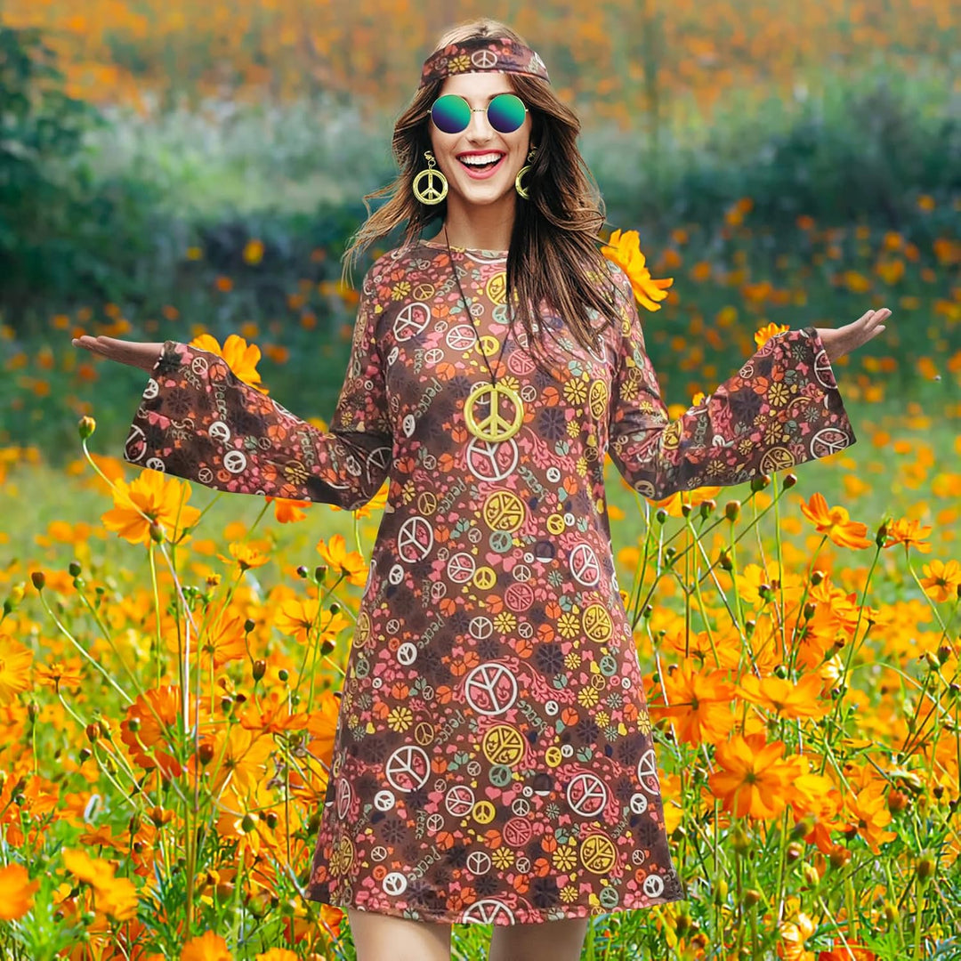 MRYUWB Damen-Hippie-Kleid, 1970er-Kostüm, mit Halskette, Ohrringen, Sonnenbrille, Disco-Outfit, 1960