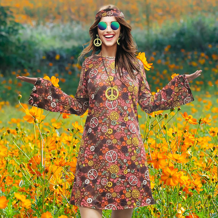 MRYUWB Damen-Hippie-Kleid, 1970er-Kostüm, mit Halskette, Ohrringen, Sonnenbrille, Disco-Outfit, 1960