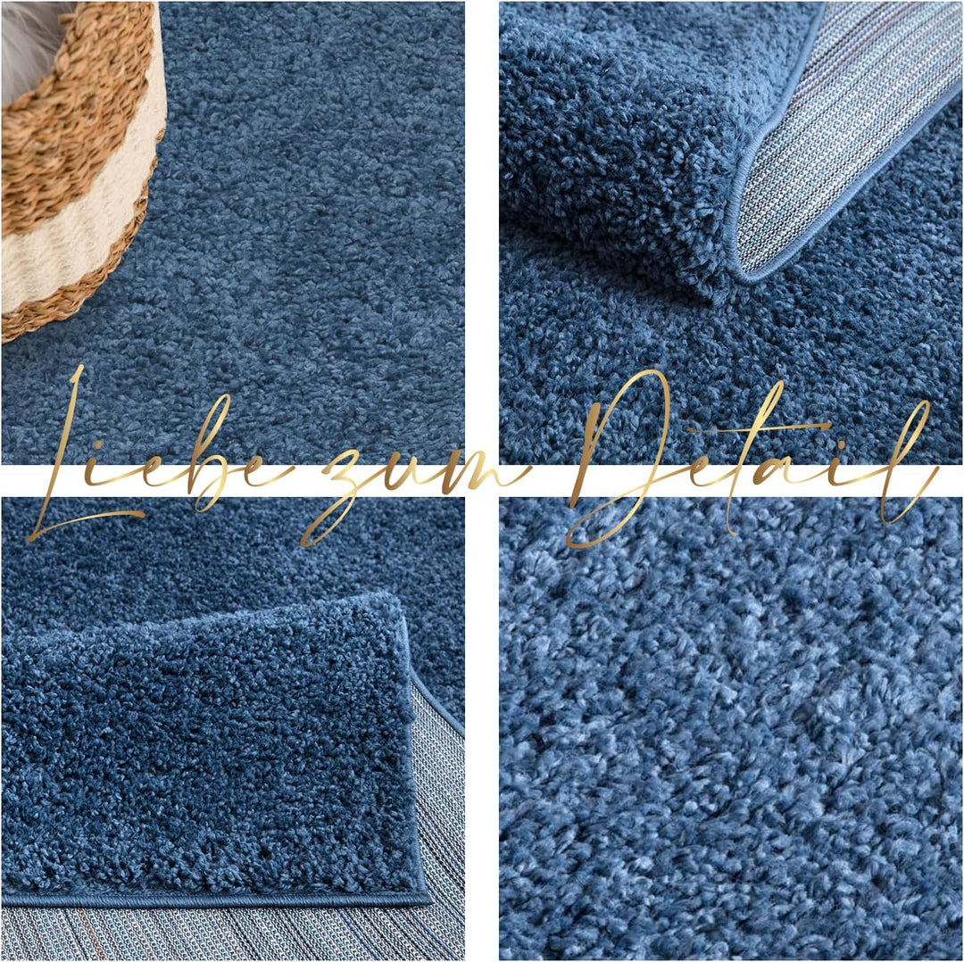 payé Teppich Wohnzimmer Hochflor Shaggy - 150x150cm - Blau Einfarbig Uni Flauschig Modern Boho Deko