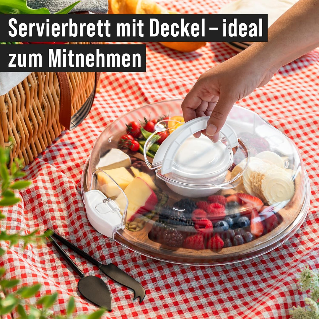Chef Pomodoro Rundes Charcuterie Board mit Deckel (34 cm) – tragbares Käsebrett, Käseplatte, Holzpla
