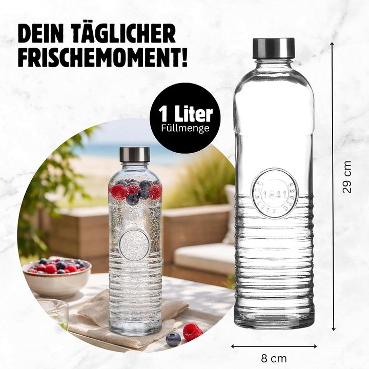 3er-Set Wasserflasche, Trinkflasche, Glasflasche für 1 Liter – gestreift | transparente Karaffe – Re