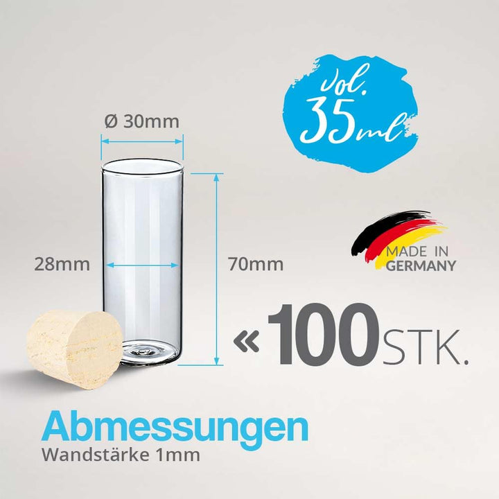 Tuuters 100 Stück Glas Reagenzgläser mit Korken (70 x Ø 30mm) Flachboden | 40ml Reagenzglas mit Natu