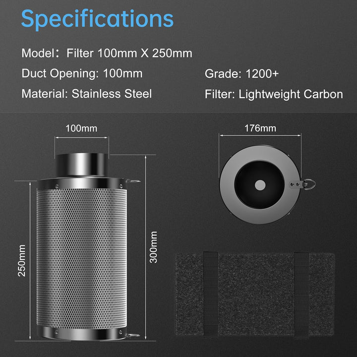 Hon&Guan Aktivkohlefilter 100mm mit Leichtes Carbon 250mm Lang, 38mm Dickes Holzkohlebett für Geruch
