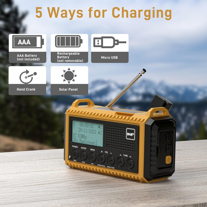 Kurbelradio DAB/UKW mit Akku 5000mAh, Tragbare Solar Radio mit LED-Taschenlampe & Leselicht, DAB+ Ba