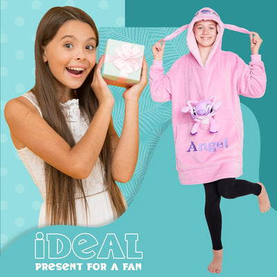 Disney Stitch Hoodie-Decke Kinder, Kapuzenpullover Mädchen mit Sherpa-Kapuze, 3D-Ohren, Kängurutasch