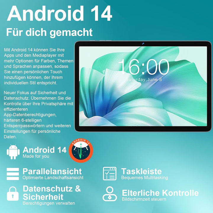 Tablet 10 Zoll Android 14, 128GB Speicher (erweiterbar), 8000mAh Akku, Tablet mit Tastatur & Maus, M