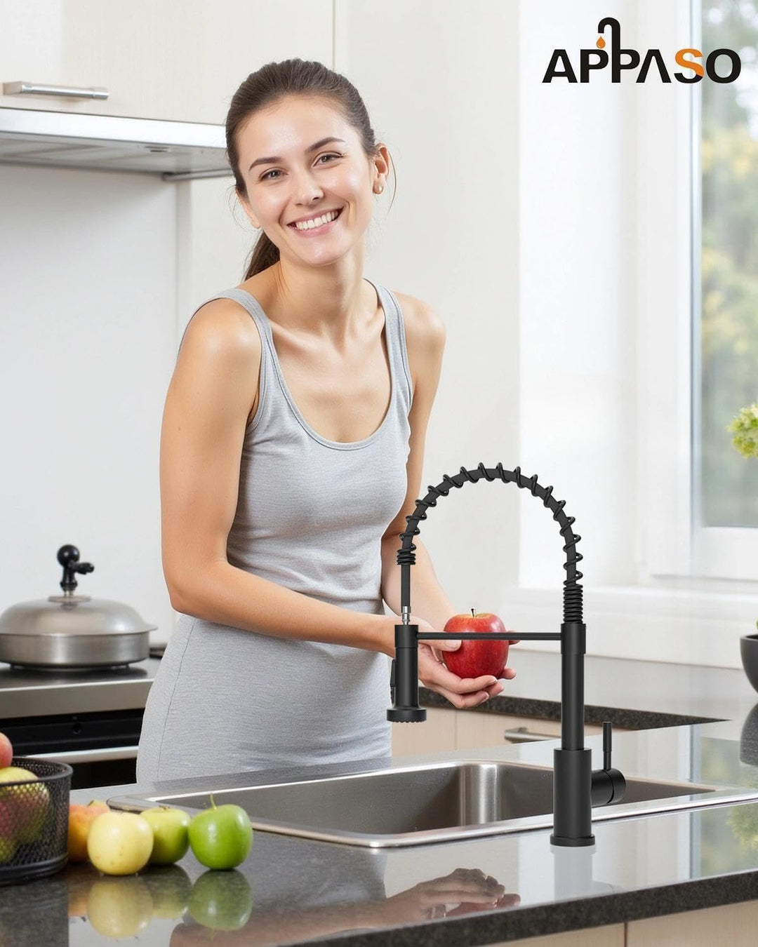 APPASO Niederdruck Wasserhahn Küche Schwarz, 360°drehbarer Wasserhahn für Küche mit Brause Ausziehba