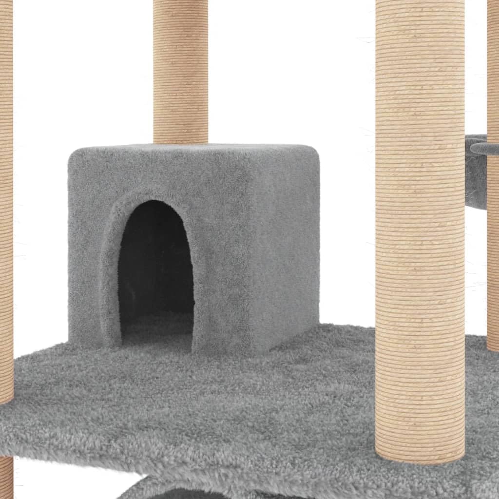 Kratzbaum mit Sisal-Kratzsäulen, Hellgrau, 141 cm Höhe, mit Liegeflächen, Höhle, Tunnel, Plattform u