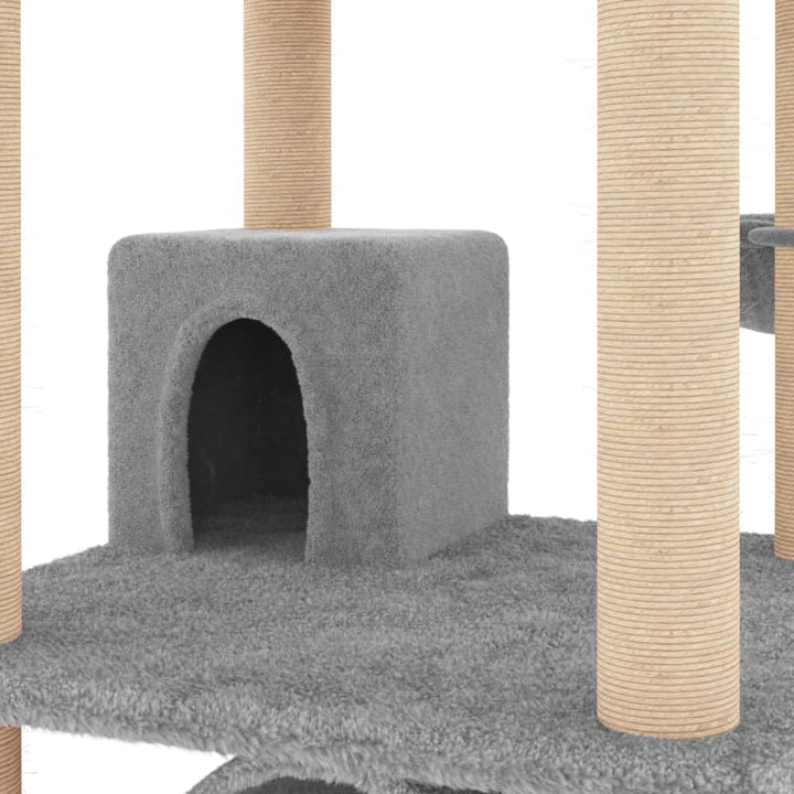 Kratzbaum mit Sisal-Kratzsäulen, Hellgrau, 141 cm Höhe, mit Liegeflächen, Höhle, Tunnel, Plattform u