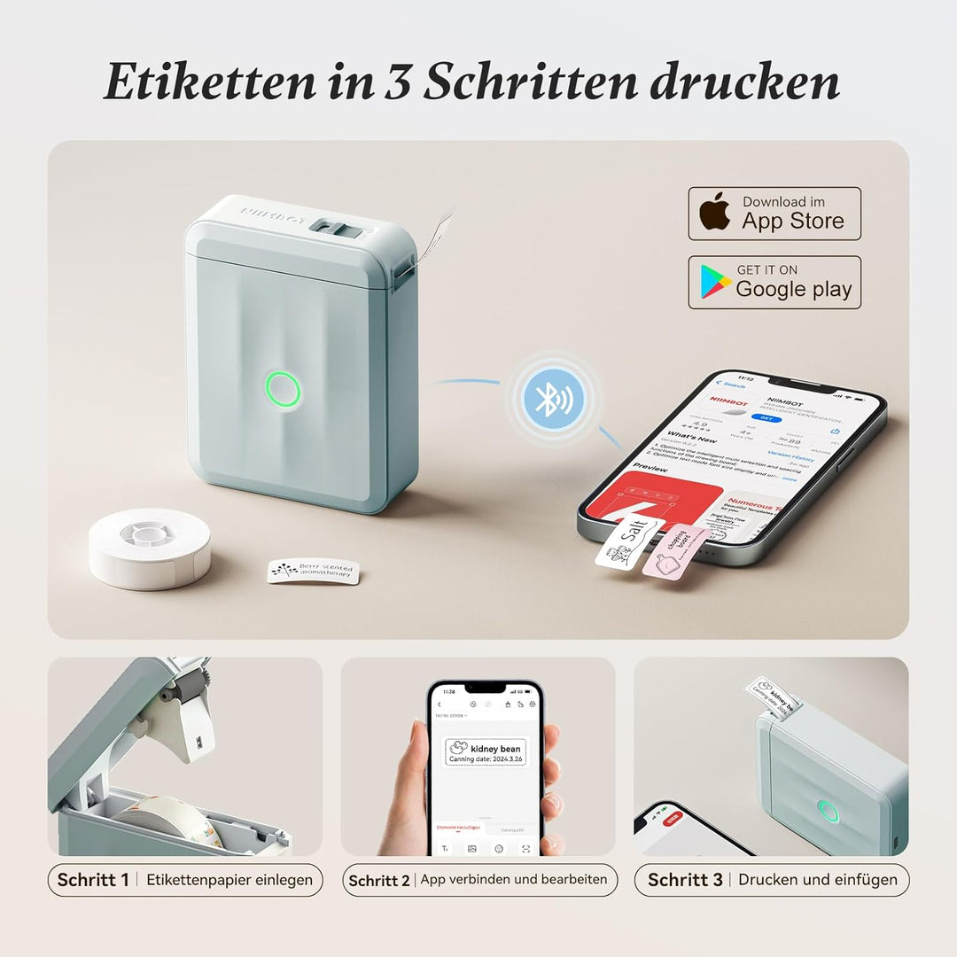 NIIMBOT Namensaufkleber Etikettendrucker, D110 Bluetooth Etikettiergerät, mit wasserdichte Etiketten