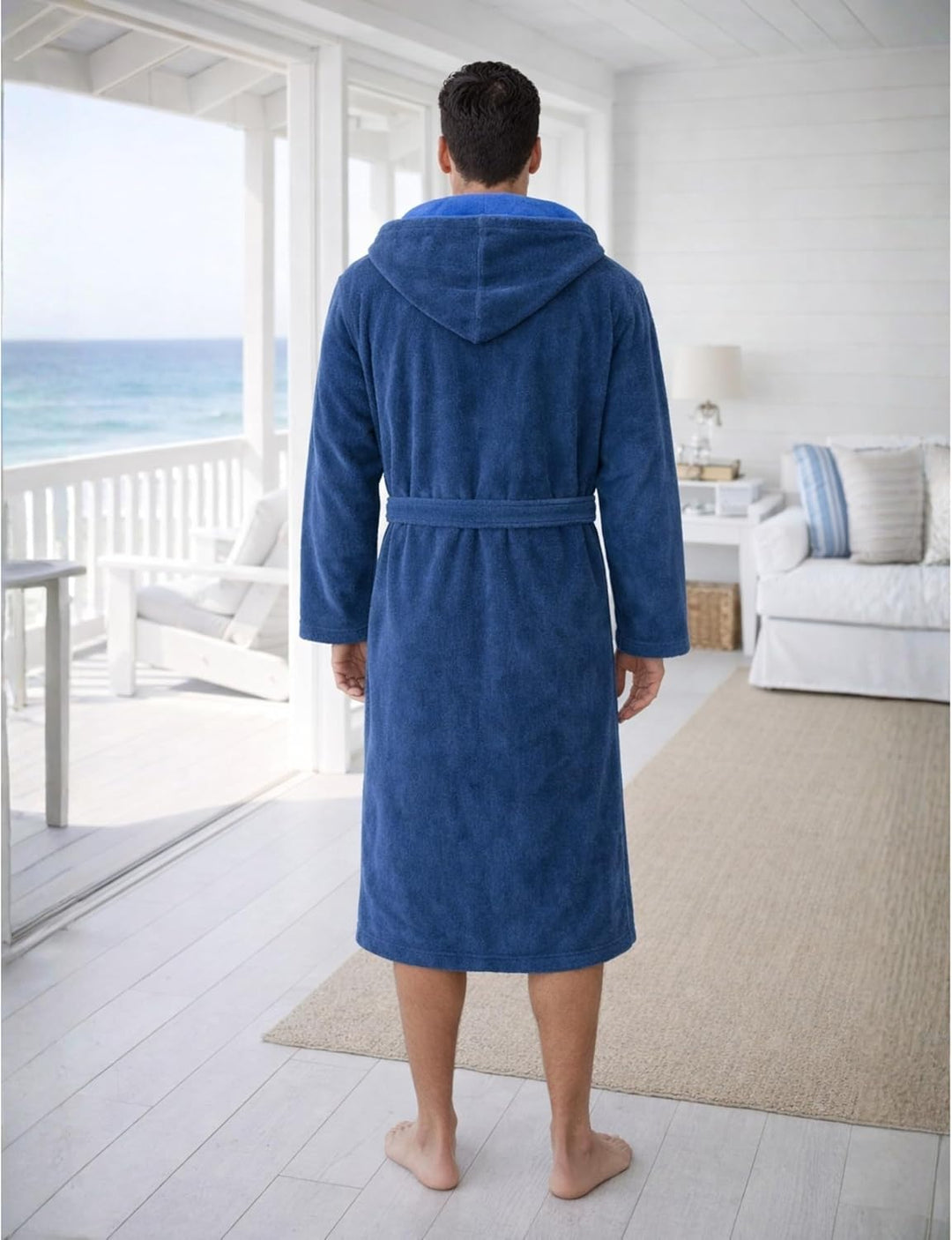 Morgenstern Bademantel Herren Kapuze 100% Baumwolle Frottee Velours Lang Finn M Blau, M Blau
