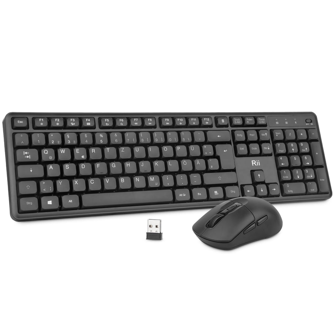 Rii Tastatur Maus Set Kabellos, 2.4 GHz Leise Funktastatur mit Maus, Wireless Keyboard and Mouse, fü