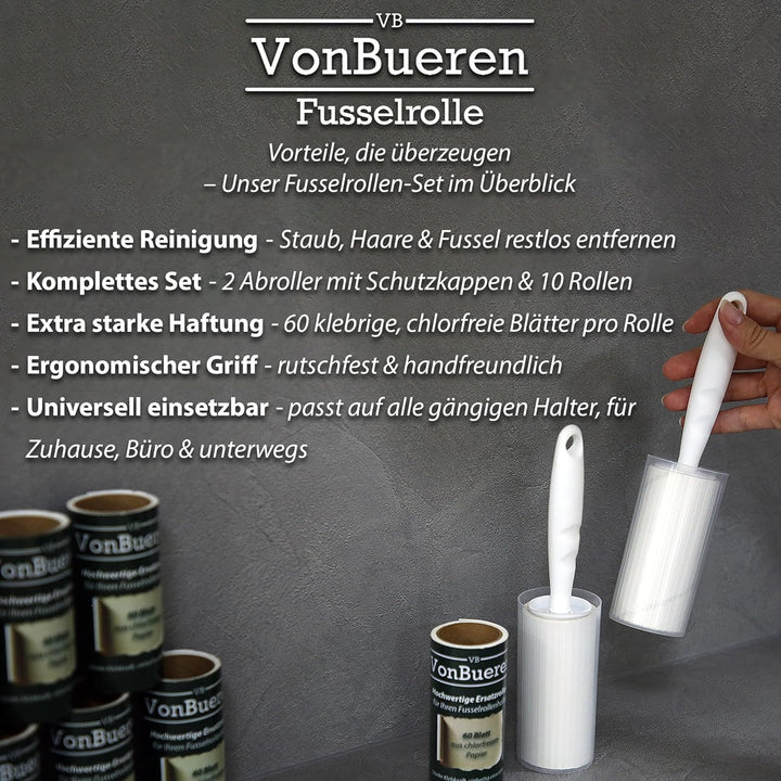 1200 Blatt Fusselrolle Tierhaare VonBueren | 4 Abroller + 4 Hüllen | Fusselrollen für Kleidung | Fus