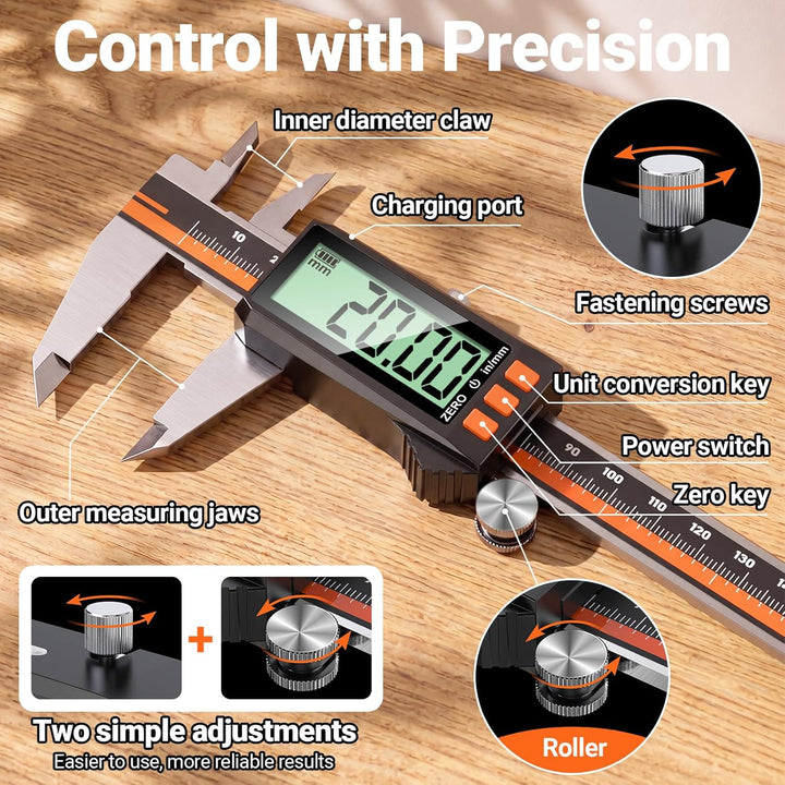 Preciva Digitale Messschieber 0-200mm mit LCD-Anzeige Type-C Aufladbar | Schieblehre aus Edelstahl,
