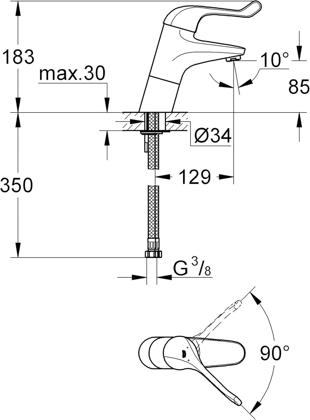 Grohe Euroeco Waschtisch-Einhebelmischer, glatter Körper ,120 mm, verchromt 32790000 Silber