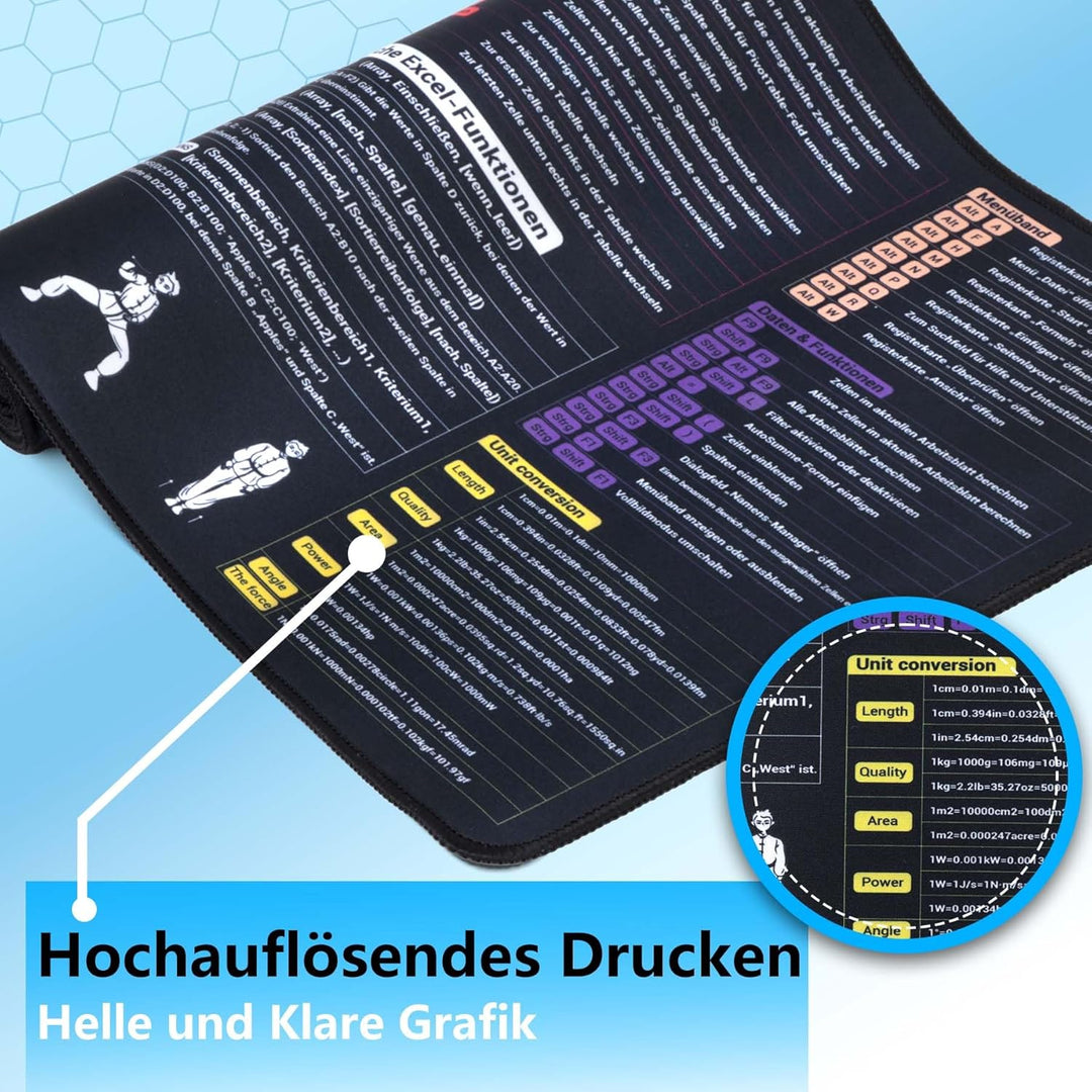 DAWNTREES Excel Mauspad Deutsch,Tastenkombinationen,100x50cm,Gross Gaming Mouse Pad XXL, Schreibtisc