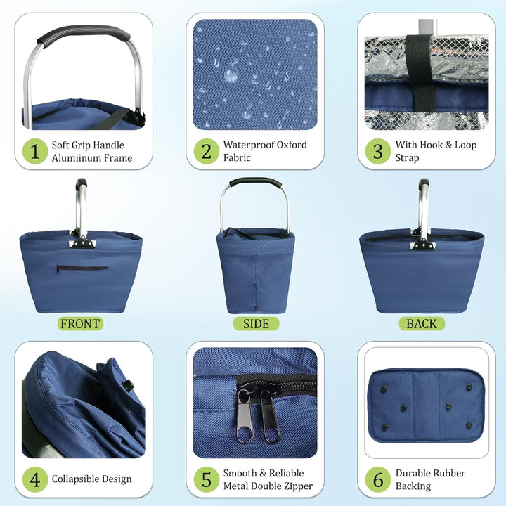 Einkaufskorb Kühltasche 35L, Einkaufskorb Faltbar mit Aluminium Griff, Grosse Isolierter Picknickkor