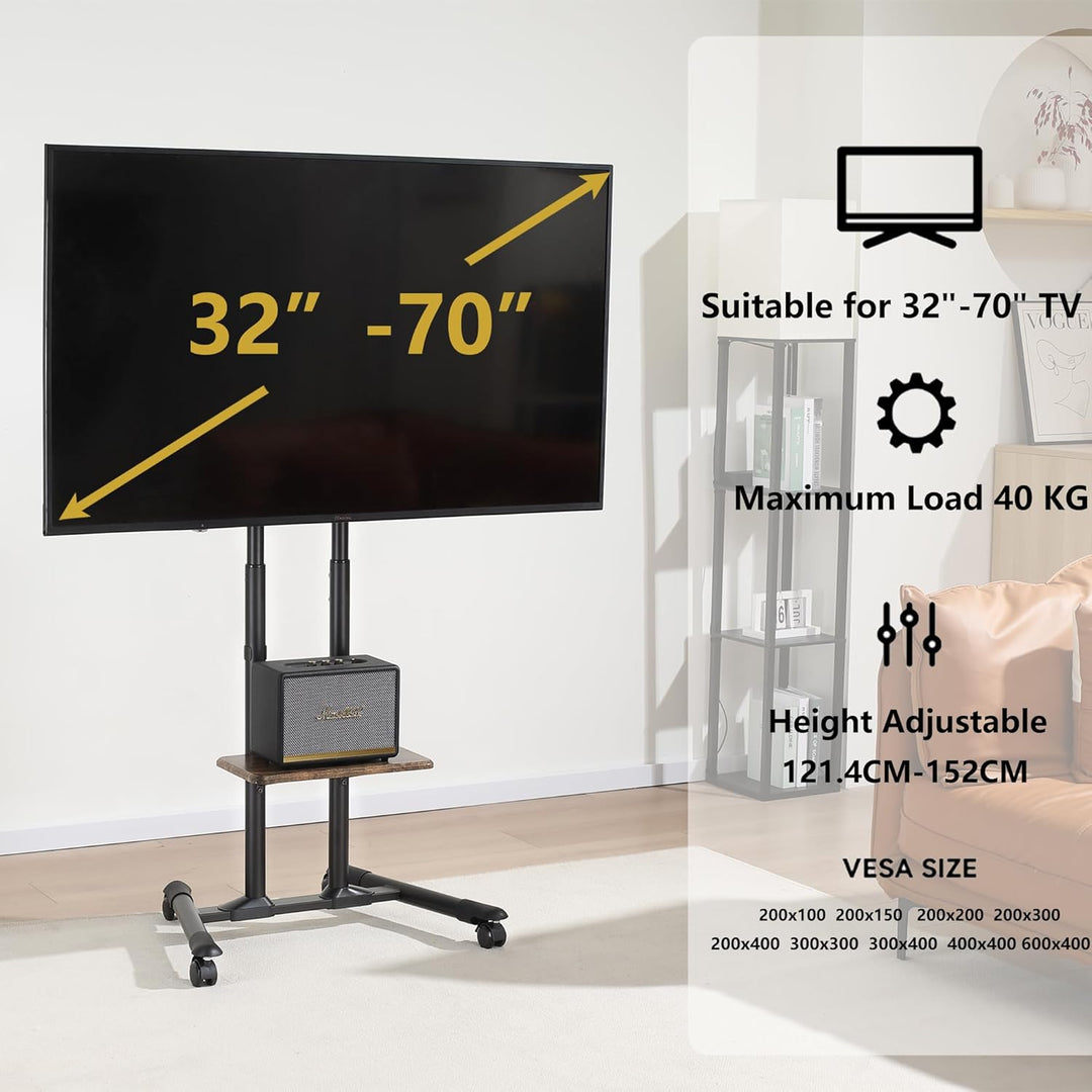 ETHU Mobiler TV Ständer auf Rollen für 32-70 Zoll Plasma/LCD/LED Fernseher, Höhenverstellbar, Tragba