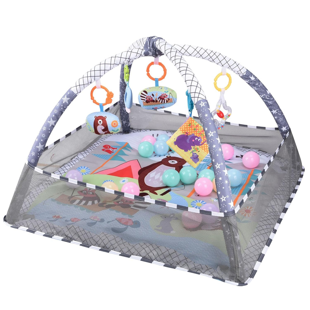 Bebamour Baby Spielmatten Bodenturngeräte von Geburt an, 18 Bälle, 5PCS Hängespielzeug, weiche Baby