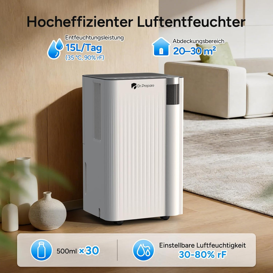 DR.PREPARE Luftentfeuchter Elektrisch 15L, Entfeuchter für Keller Wäschetrocknung, 3 Modi, Schlafmod