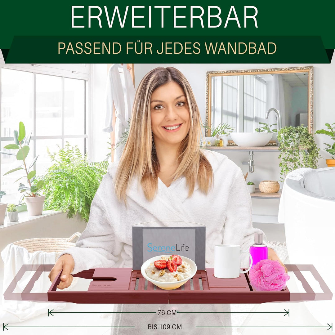 SereneLife Badewannenablage aus natürlichem Bambus, ausziehbares Badewannenbrett, Ablage Badewanne E