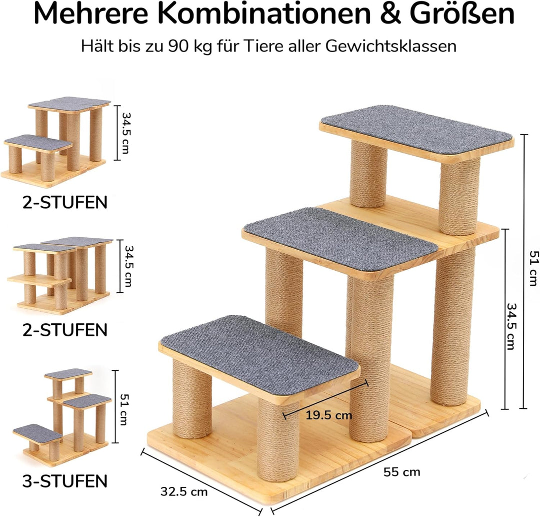 FUKUMARU Hundetreppe, 3 Stufen Haustiertreppe, Katzentreppe aus Kiefernholz und Jute，18-51cm einstel