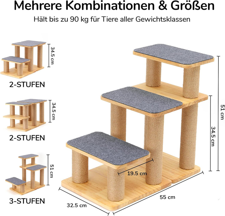 FUKUMARU Hundetreppe, 3 Stufen Haustiertreppe, Katzentreppe aus Kiefernholz und Jute，18-51cm einstel